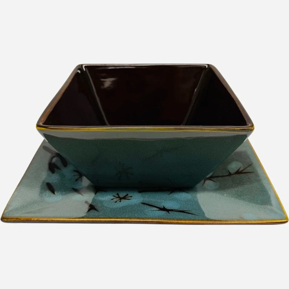 Pier 1 Tranquil Stoneware Square Bowl and Plate Set Blue Floral Teal Brown